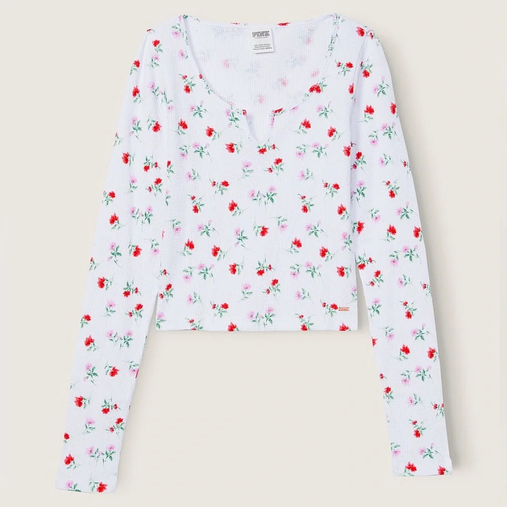 VS VICTORIAS SECRET PINK SHRUNKEN THERMAL NOTCH LONG SLEEVE TEE TOP FLORAL XL